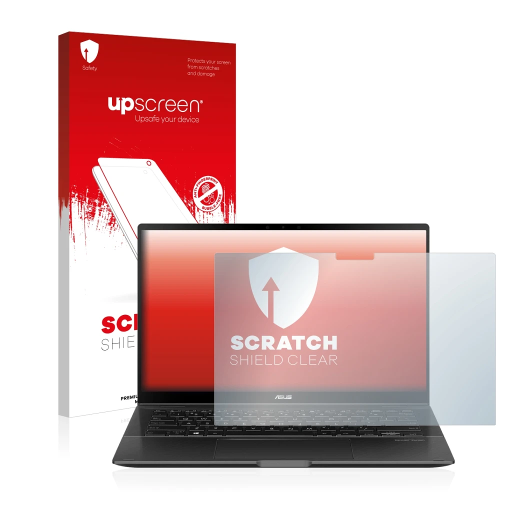 Parte frontale di una confezione del prodotto con il logo del marchio upscreen. Accanto è raffigurato il dispositivo ASUS ZenB