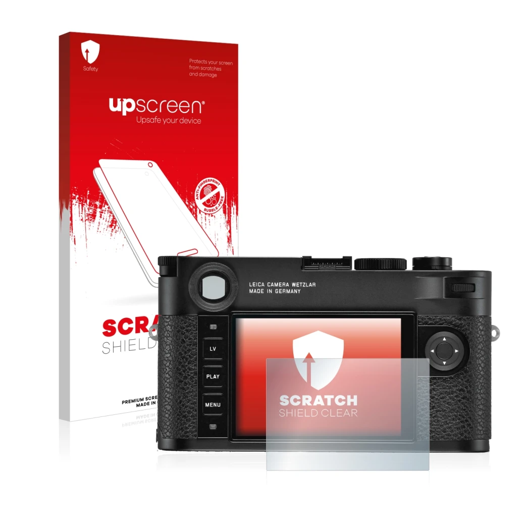Parte frontale di una confezione del prodotto con il logo del marchio upscreen. Accanto è raffigurato il dispositivo Leica M10