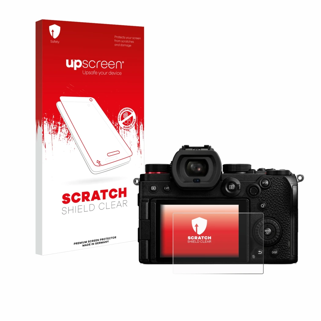 Parte frontale di una confezione del prodotto con il logo del marchio upscreen. Accanto è raffigurato il dispositivo Panasonic