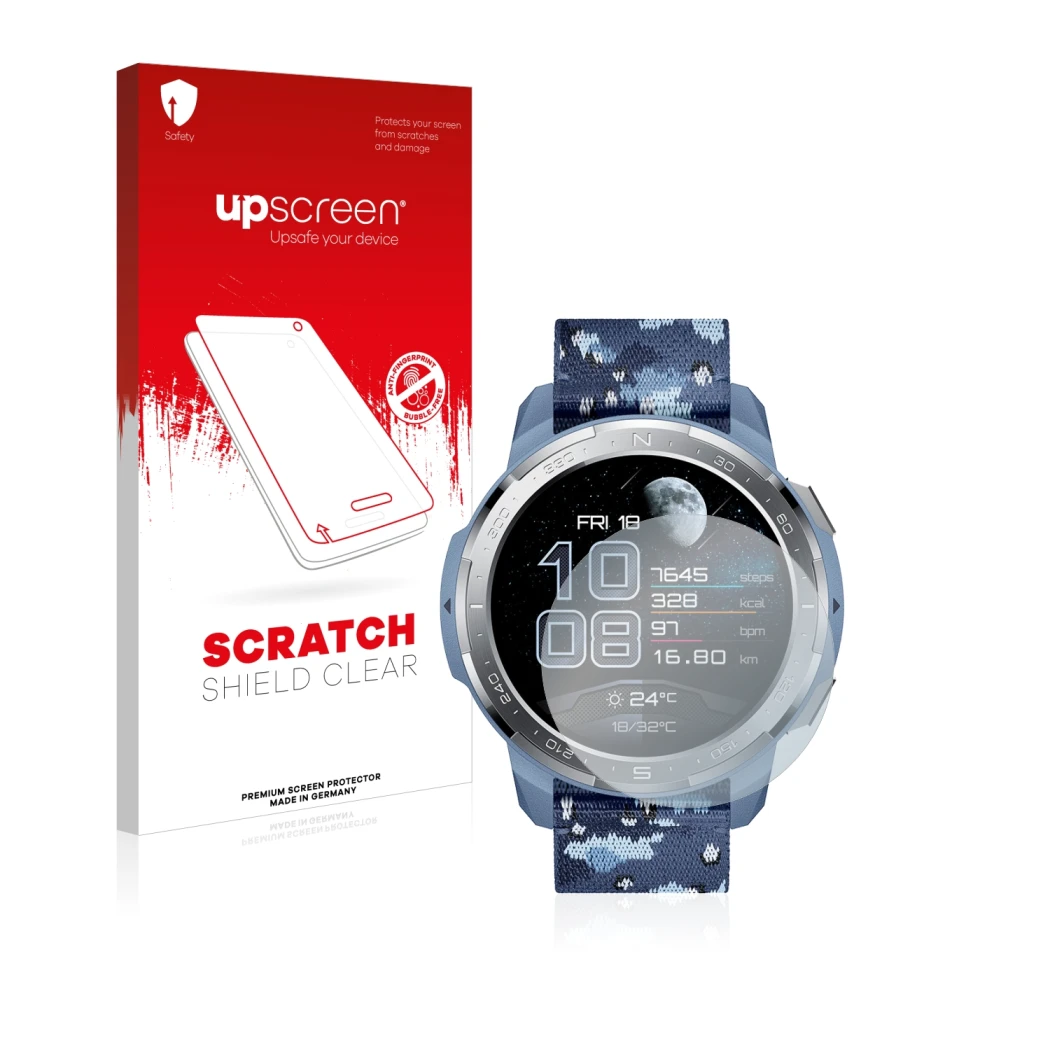 Parte frontale di una confezione del prodotto con il logo del marchio upscreen. Accanto è raffigurato il dispositivo Honor Wat