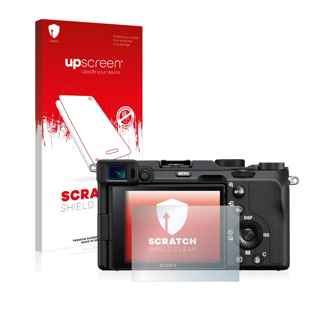 Parte frontale di una confezione del prodotto con il logo del marchio upscreen. Accanto è raffigurato il dispositivo Sony A7C