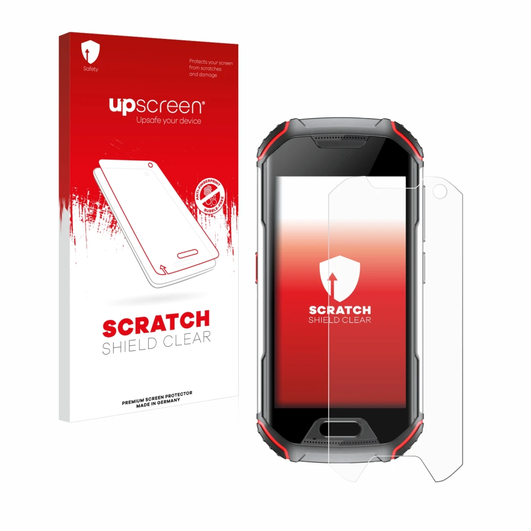 Parte frontale di una confezione del prodotto con il logo del marchio upscreen. Accanto è raffigurato il dispositivo Unihertz 