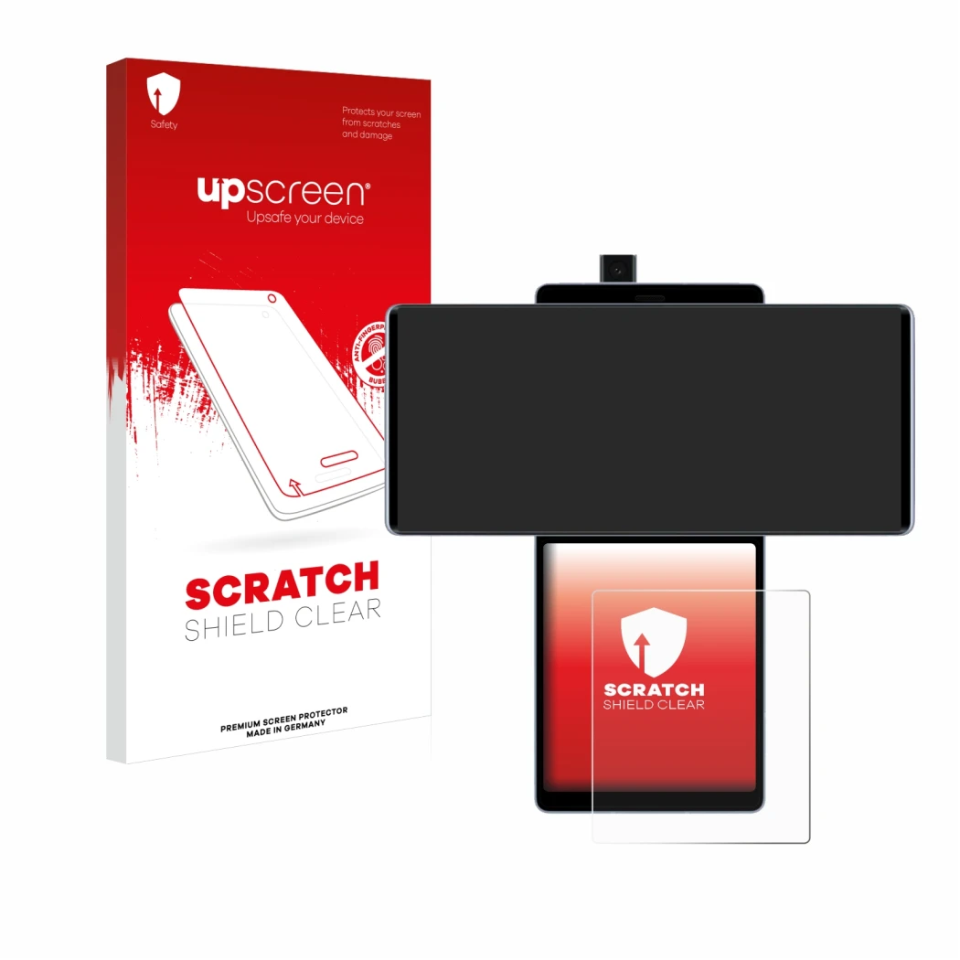 Parte frontale di una confezione del prodotto con il logo del marchio upscreen. Accanto è raffigurato il dispositivo LG Wing (