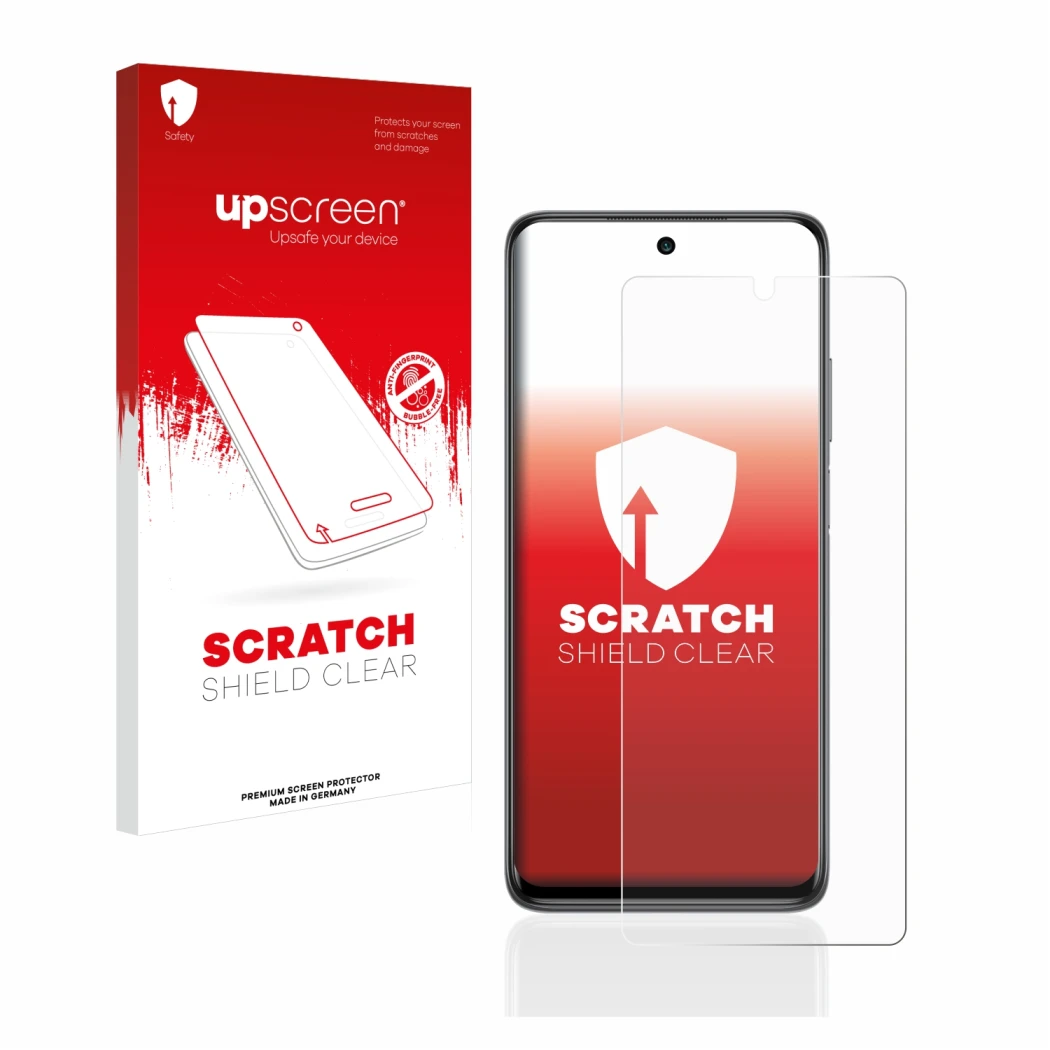 Parte frontale di una confezione del prodotto con il logo del marchio upscreen. Accanto è raffigurato il dispositivo Xiaomi Mi