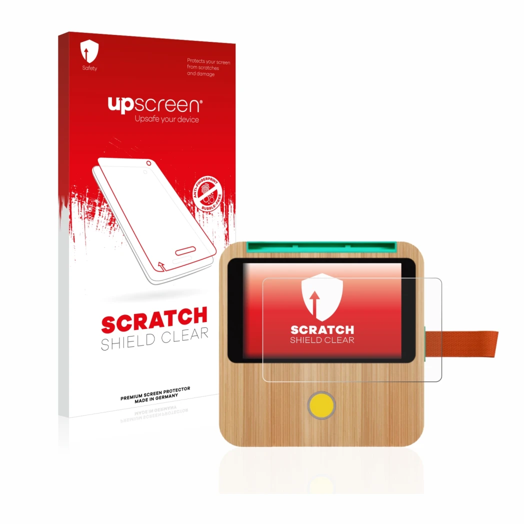 Parte frontale di una confezione del prodotto con il logo del marchio upscreen. Accanto è raffigurato il dispositivo tigerbox