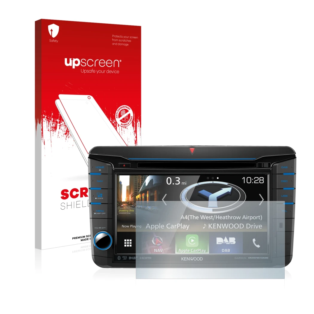 Parte frontale di una confezione del prodotto con il logo del marchio upscreen. Accanto è raffigurato il dispositivo Kenwood D