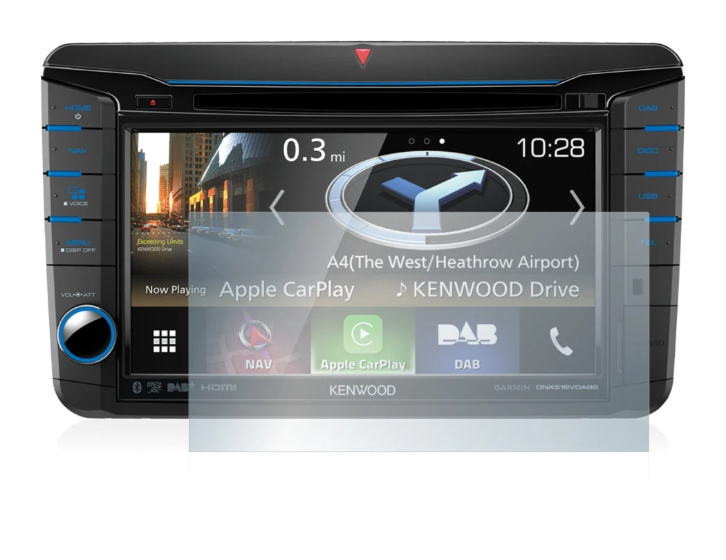 Immagine del dispositivo Kenwood DNX518VDABS con un'ampia varietà di protezioni per lo schermo.