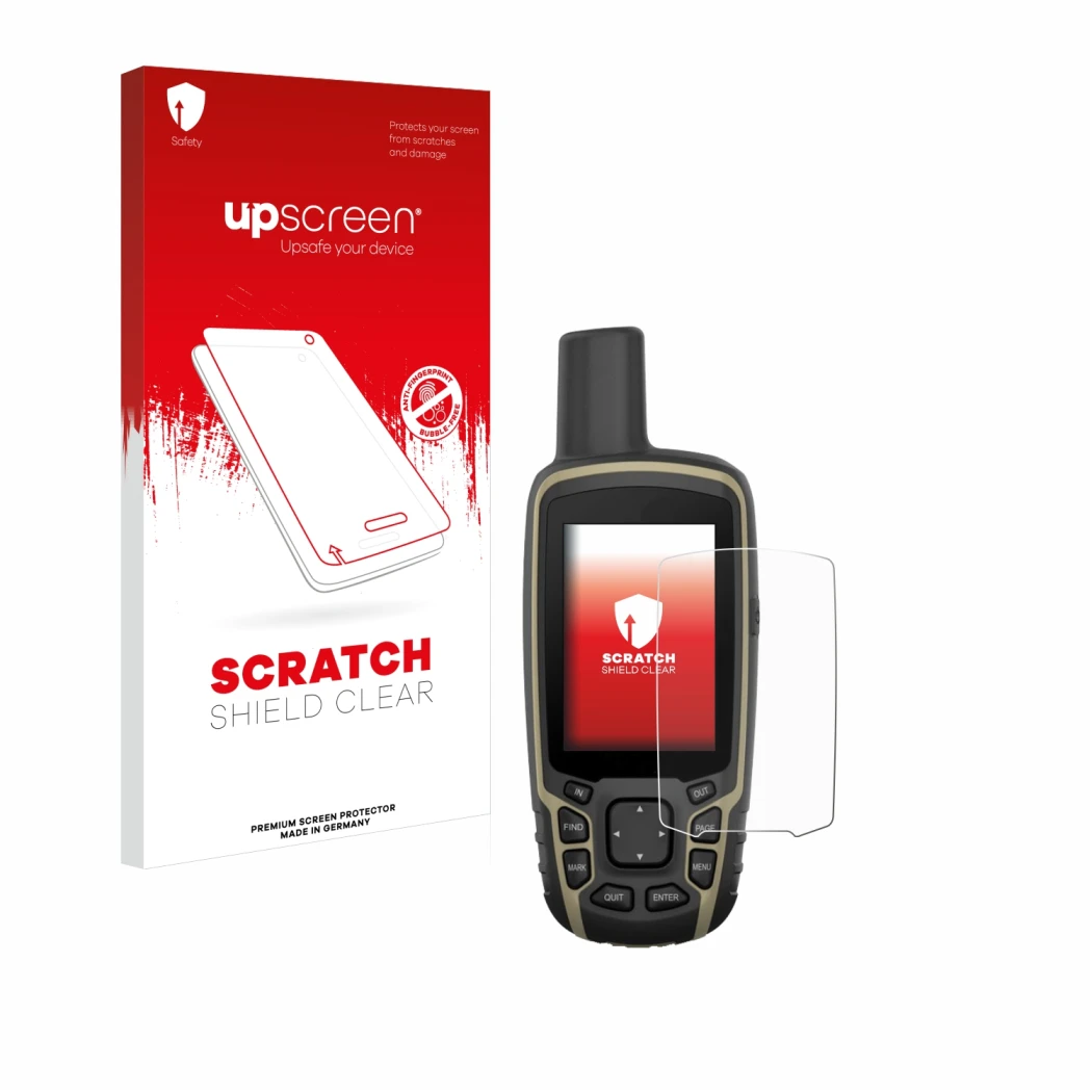 Parte frontale di una confezione del prodotto con il logo del marchio upscreen. Accanto è raffigurato il dispositivo Garmin GP