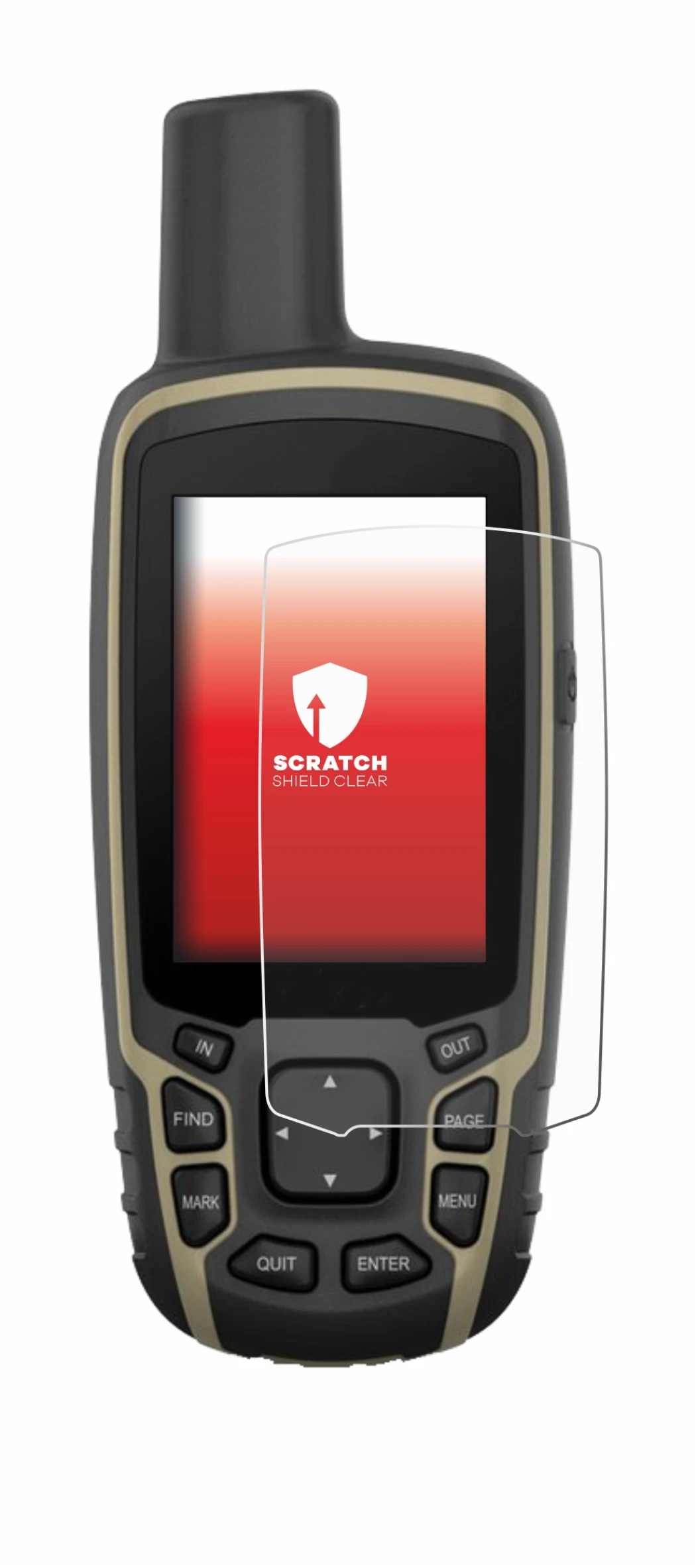 Immagine del dispositivo Garmin GPSMAP 65s con un'ampia varietà di protezioni per lo schermo.
