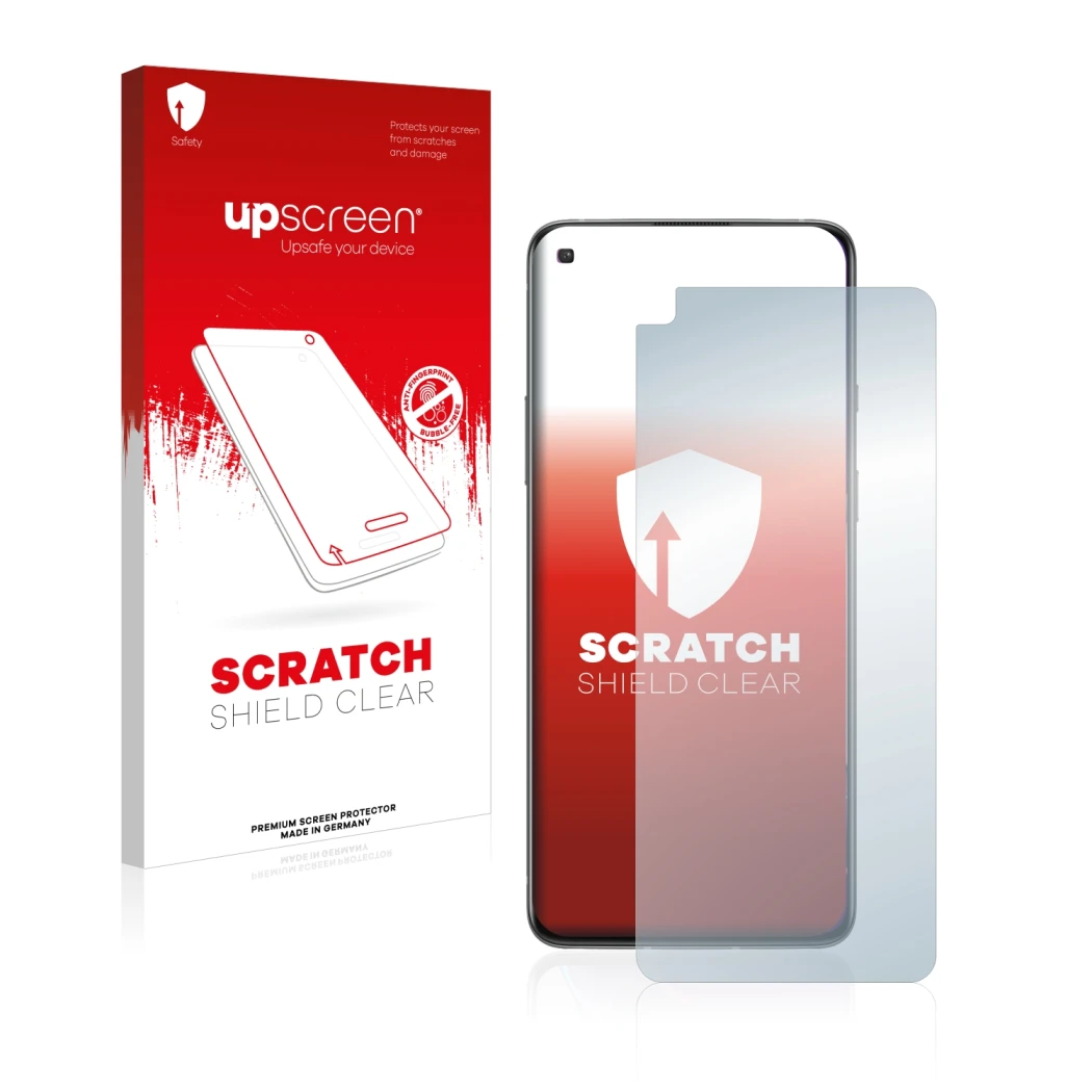 Parte frontale di una confezione del prodotto con il logo del marchio upscreen. Accanto è raffigurato il dispositivo OnePlus 8