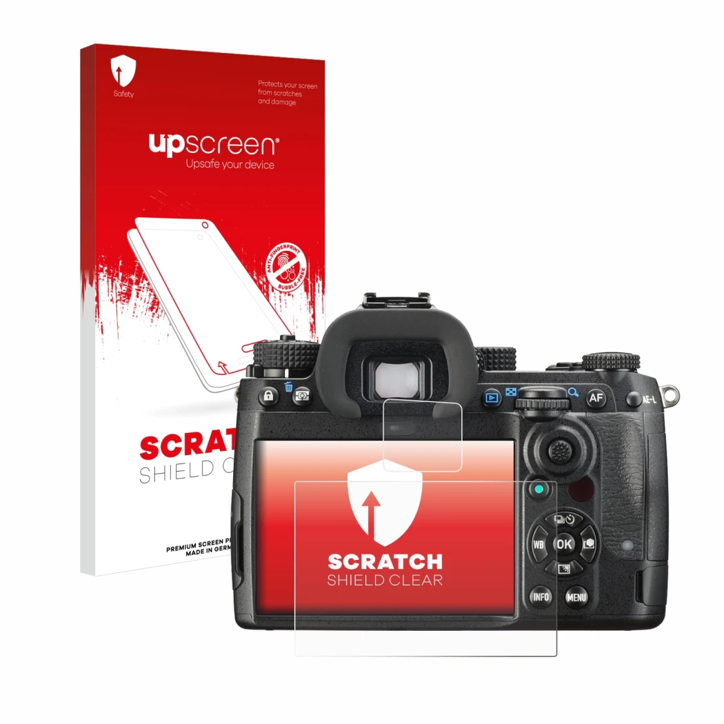 Parte frontale di una confezione del prodotto con il logo del marchio upscreen. Accanto è raffigurato il dispositivo Pentax K-