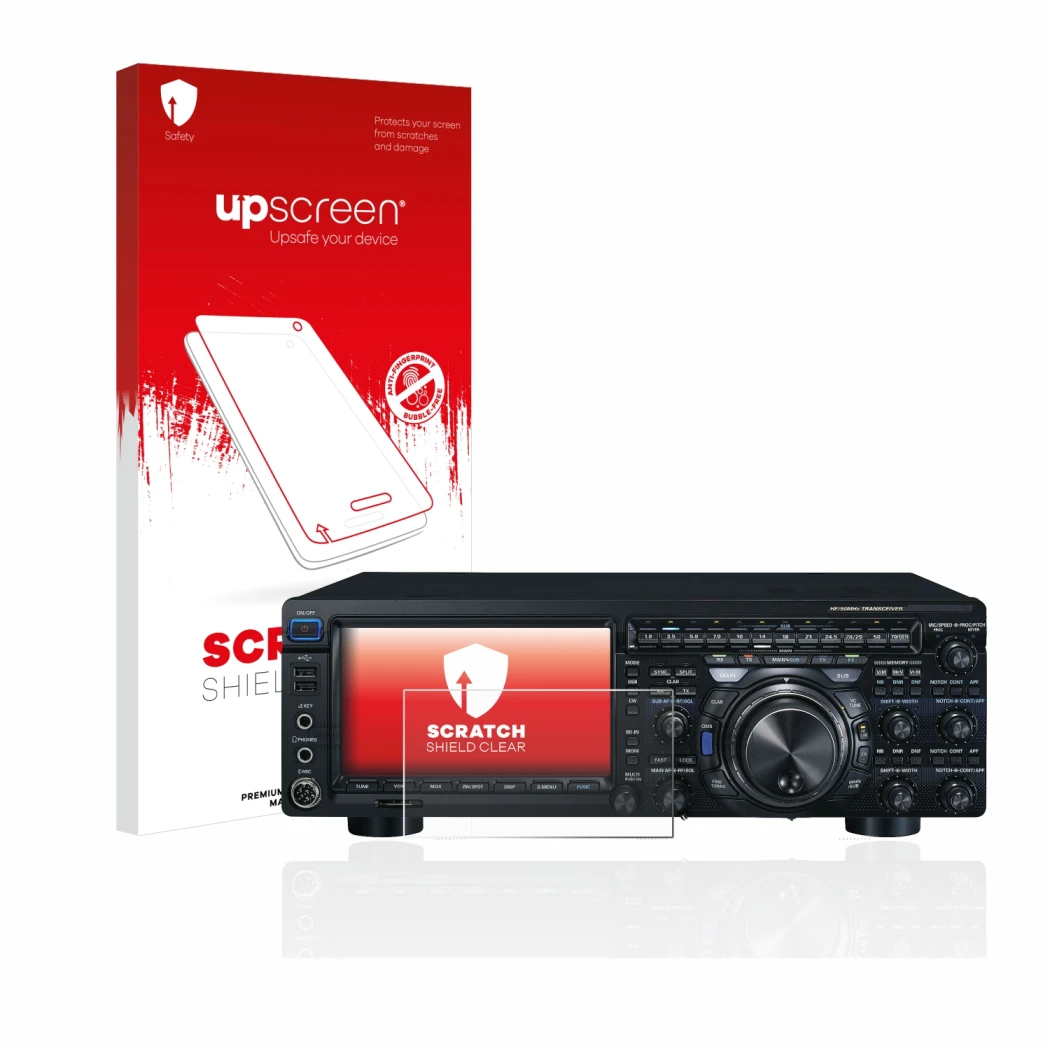 Parte frontale di una confezione del prodotto con il logo del marchio upscreen. Accanto è raffigurato il dispositivo Yaesu FT-