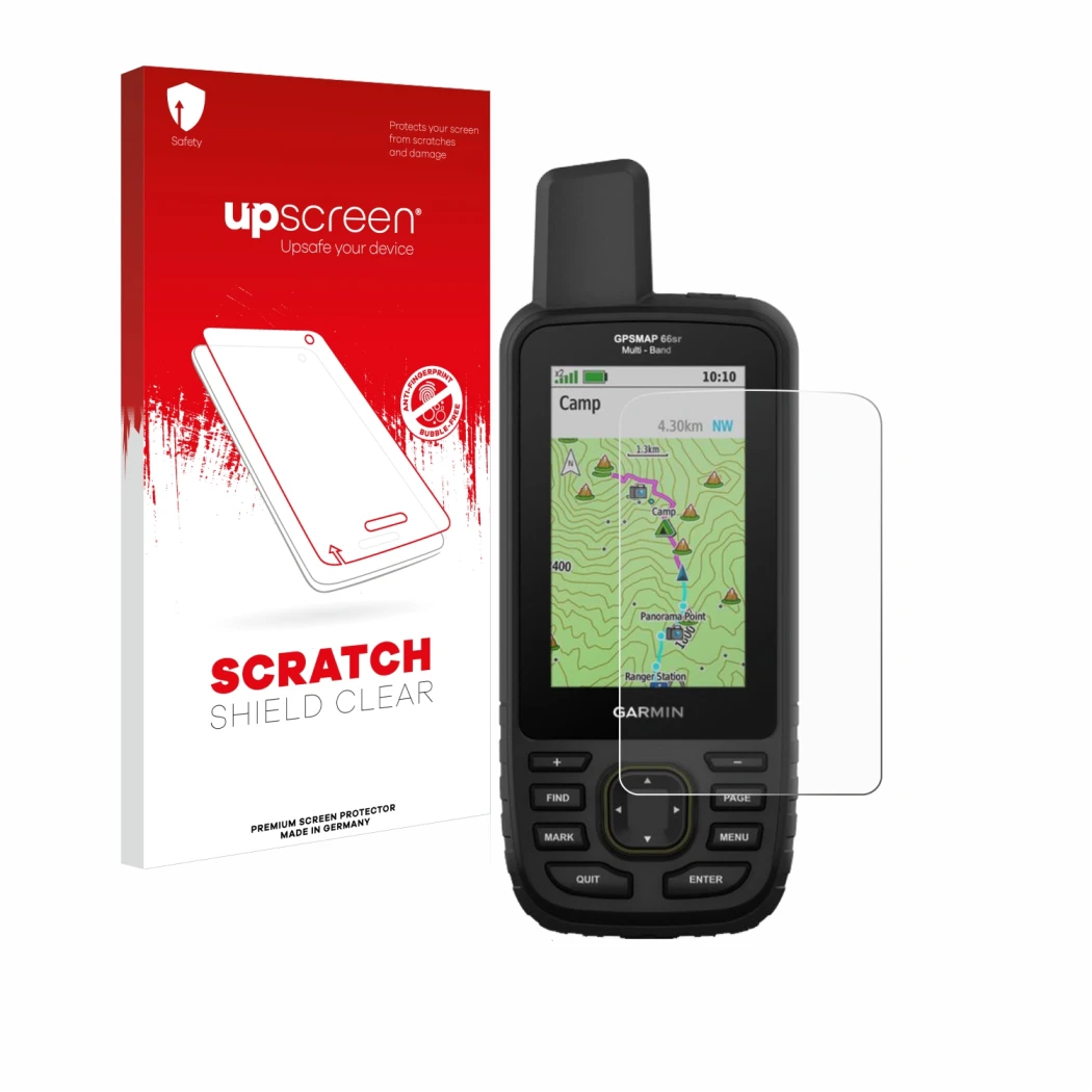 Parte frontale di una confezione del prodotto con il logo del marchio upscreen. Accanto è raffigurato il dispositivo Garmin GP