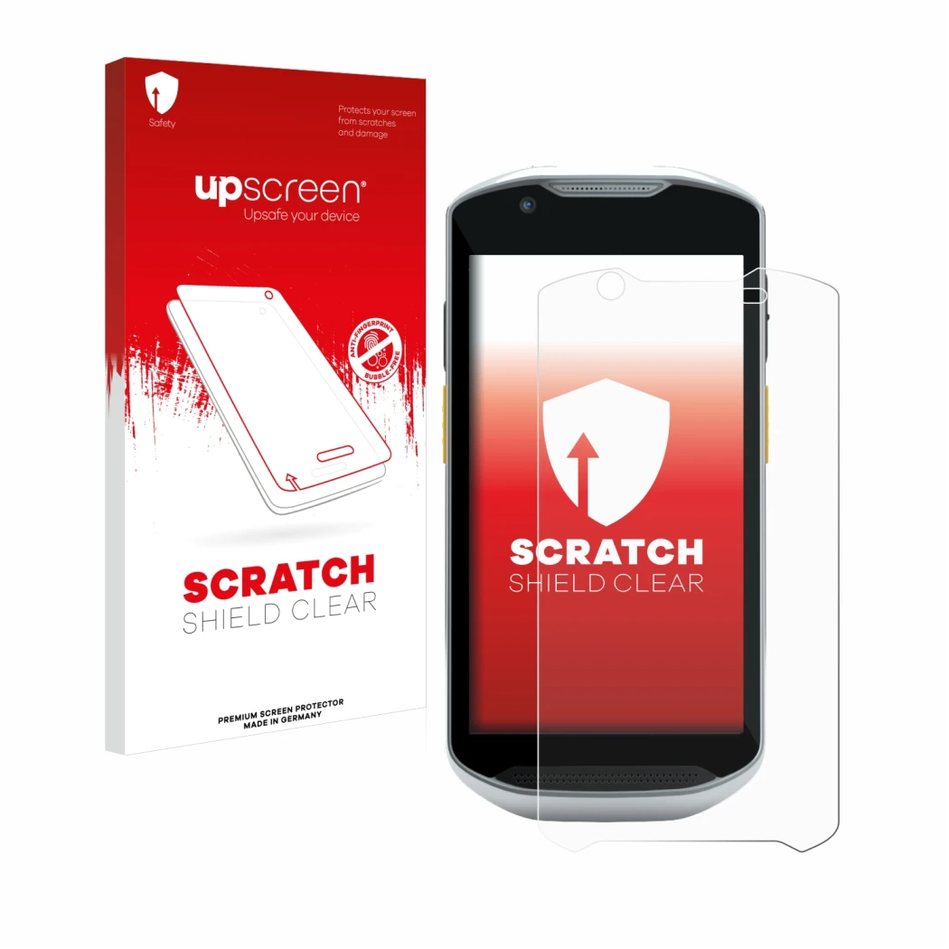 Parte frontale di una confezione del prodotto con il logo del marchio upscreen. Accanto è raffigurato il dispositivo Zebra TC5