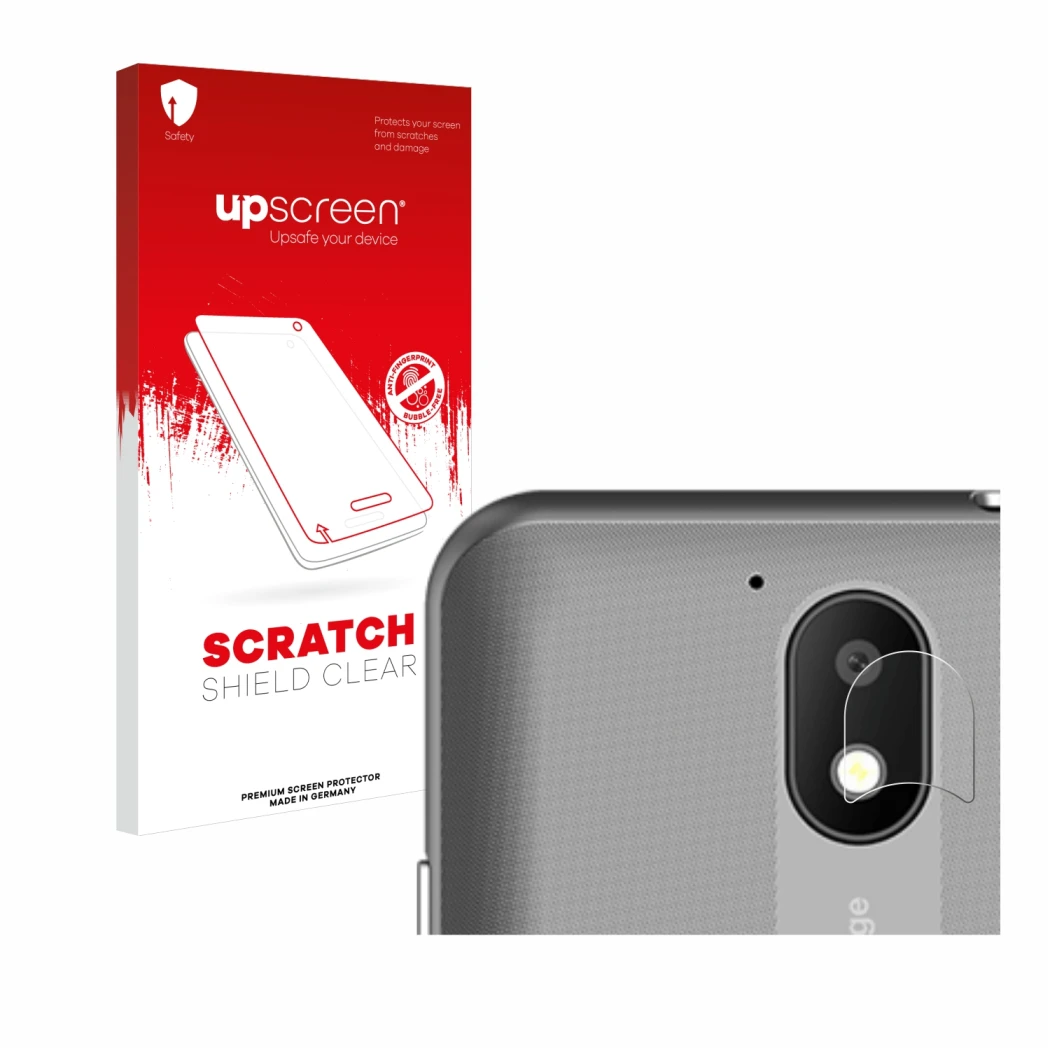 Parte frontale di una confezione del prodotto con il logo del marchio upscreen. Accanto è raffigurato il dispositivo Orange Ne