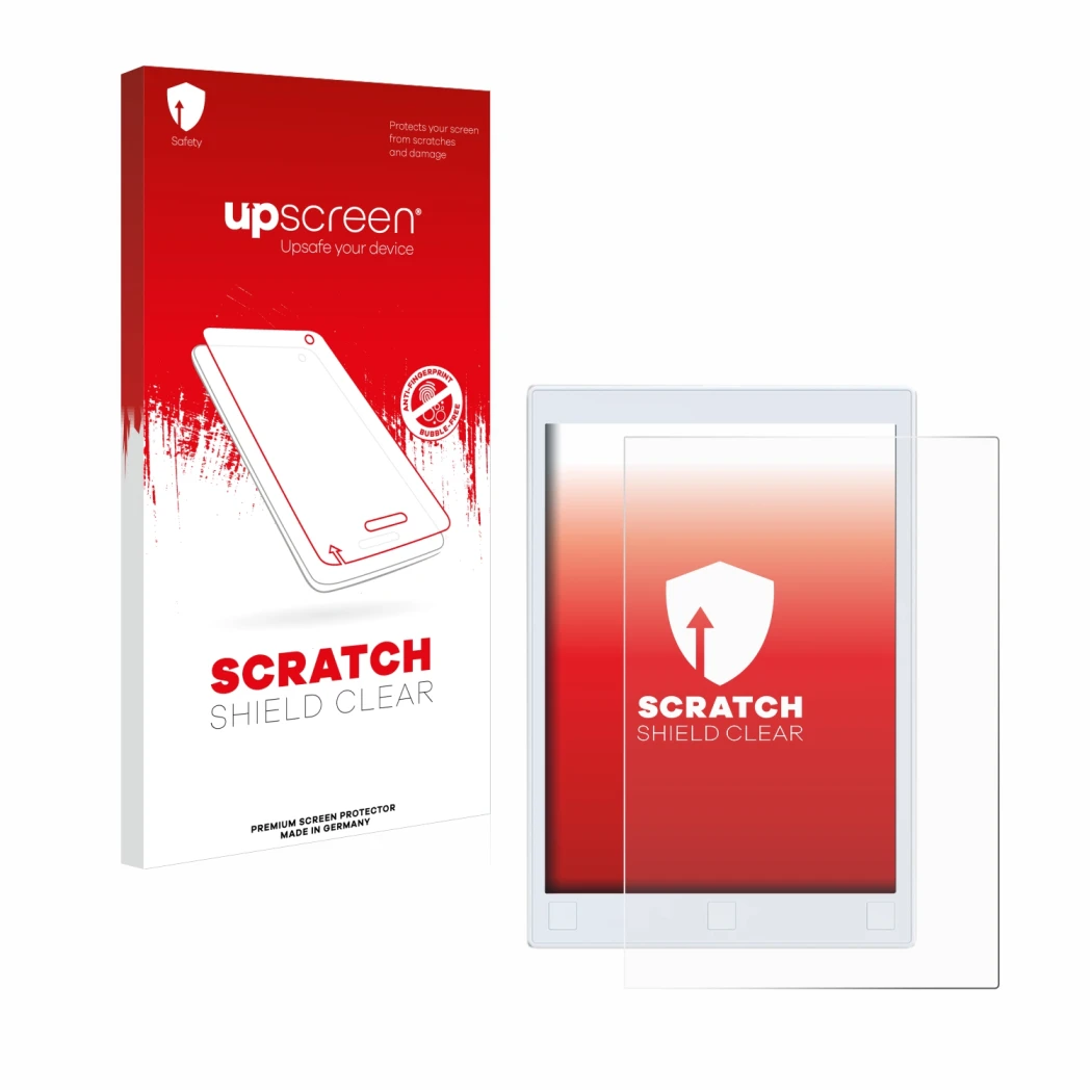 Parte frontale di una confezione del prodotto con il logo del marchio upscreen. Accanto è raffigurato il dispositivo reMarkabl