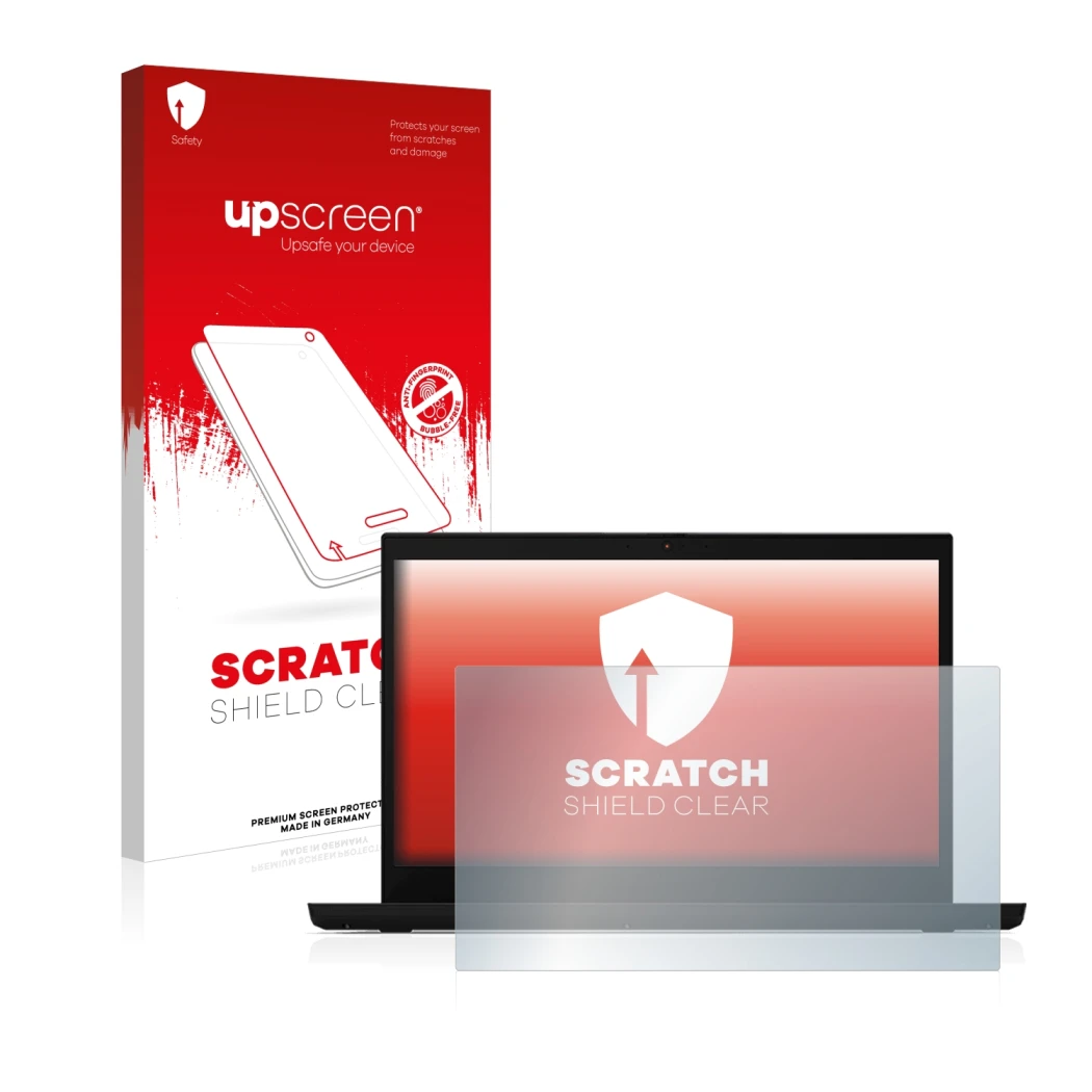 Parte frontale di una confezione del prodotto con il logo del marchio upscreen. Accanto è raffigurato il dispositivo Lenovo Th