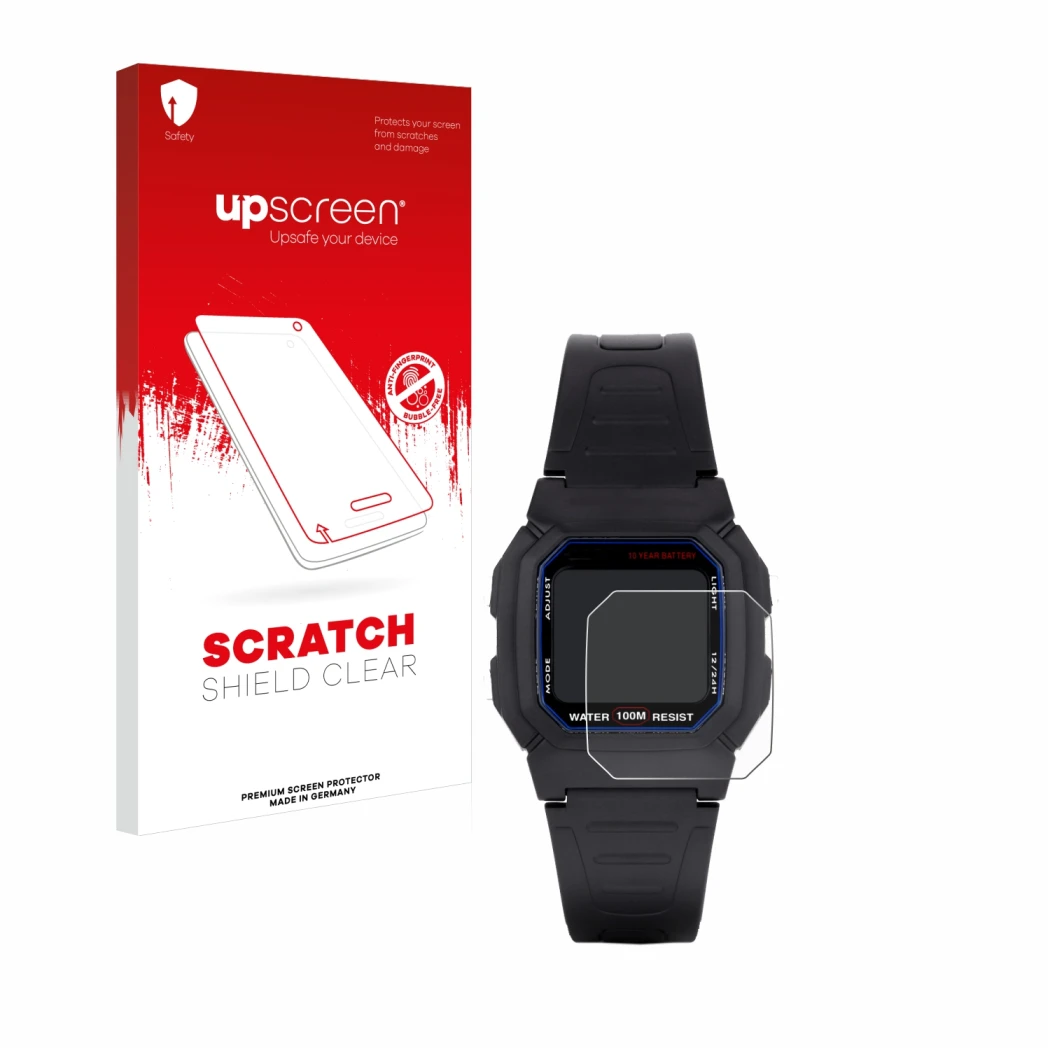Parte frontale di una confezione del prodotto con il logo del marchio upscreen. Accanto è raffigurato il dispositivo Casio W-8