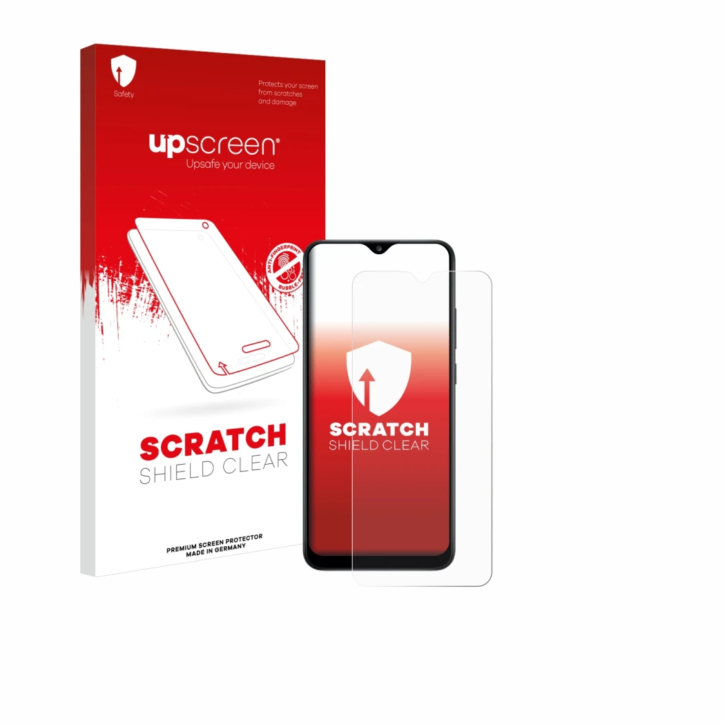 Parte frontale di una confezione del prodotto con il logo del marchio upscreen. Accanto è raffigurato il dispositivo Samsung G