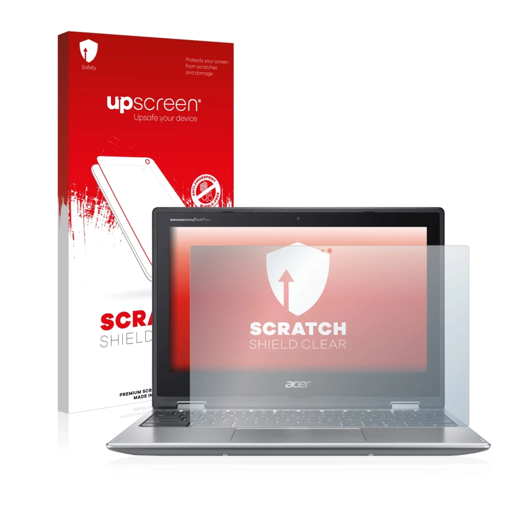 Parte frontale di una confezione del prodotto con il logo del marchio upscreen. Accanto è raffigurato il dispositivo Acer Chro