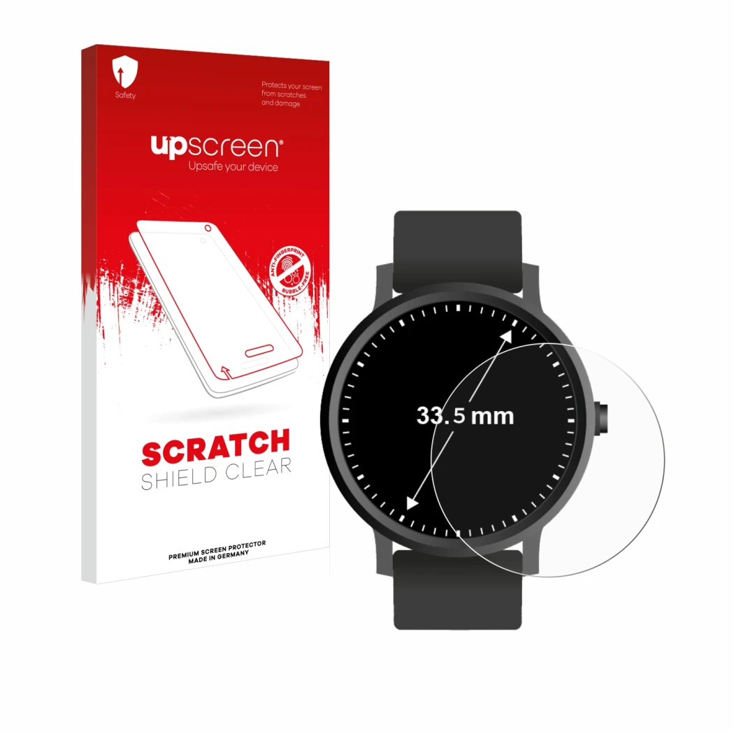 Parte frontale di una confezione del prodotto con il logo del marchio upscreen. Accanto è raffigurato il dispositivo Orologi (