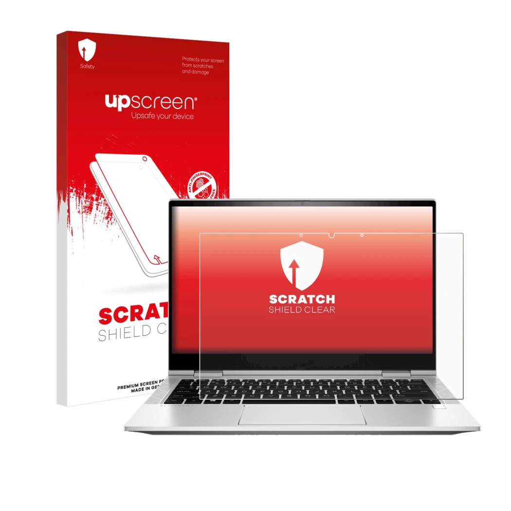 Parte frontale di una confezione del prodotto con il logo del marchio upscreen. Accanto è raffigurato il dispositivo HP EliteB