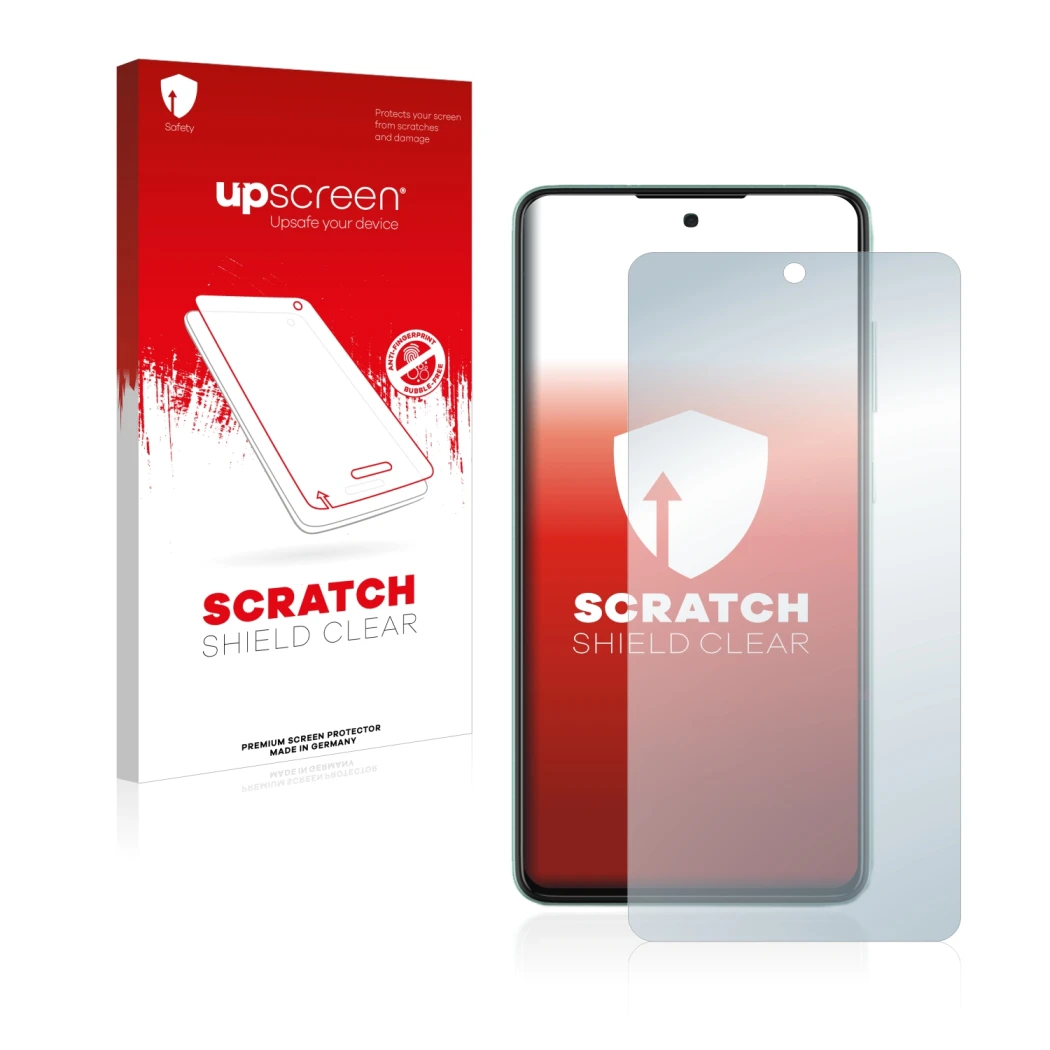 Parte frontale di una confezione del prodotto con il logo del marchio upscreen. Accanto è raffigurato il dispositivo Samsung G