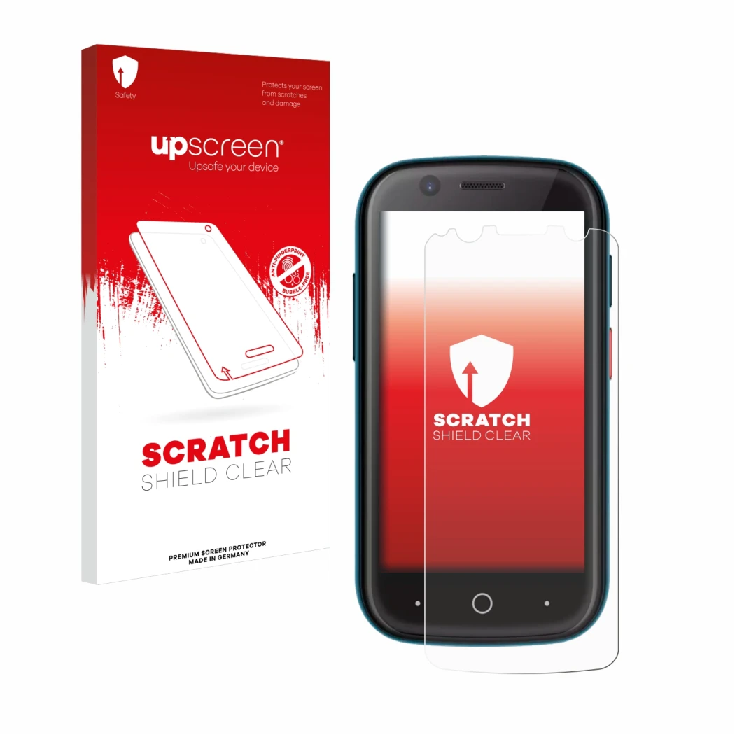 Parte frontale di una confezione del prodotto con il logo del marchio upscreen. Accanto è raffigurato il dispositivo Unihertz 