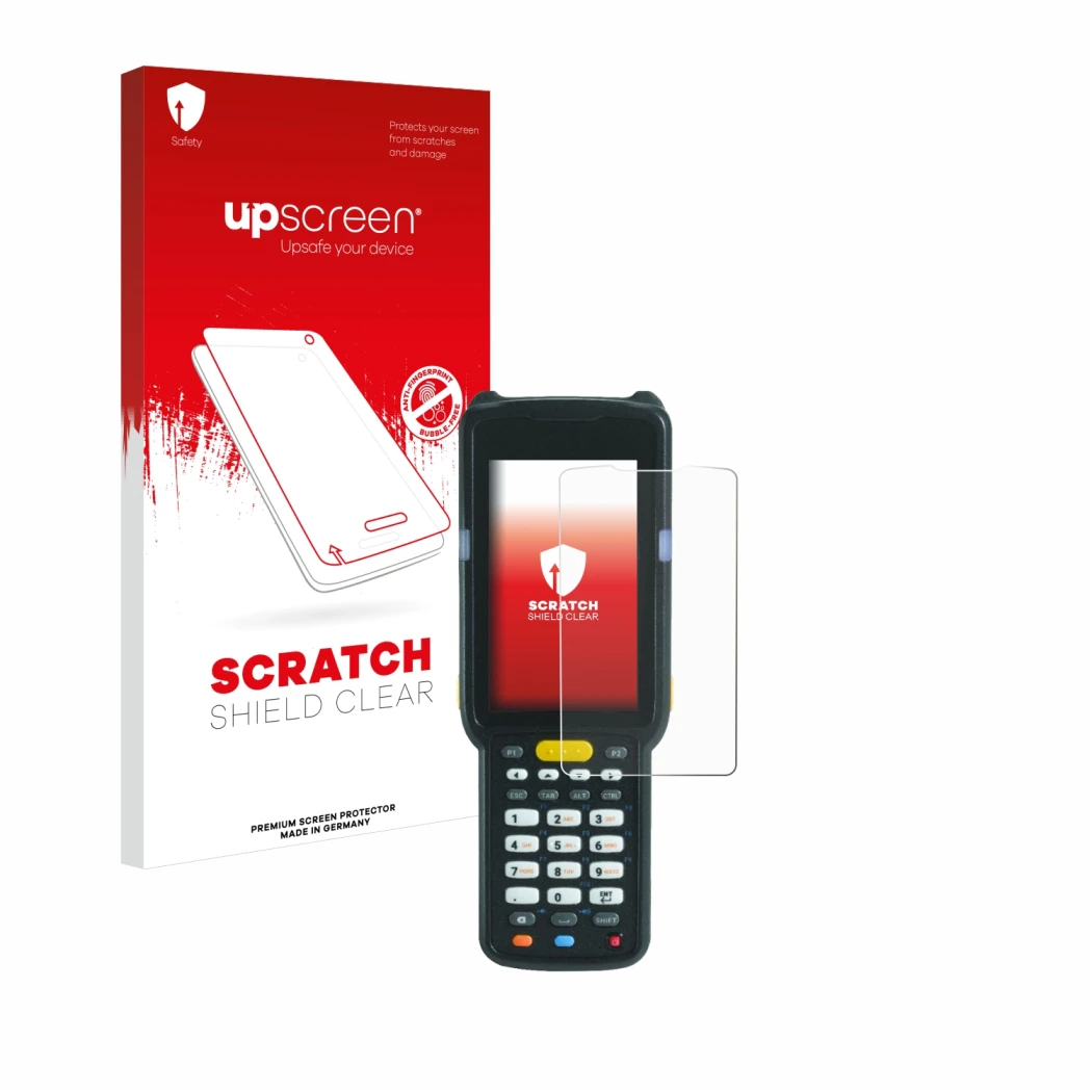Parte frontale di una confezione del prodotto con il logo del marchio upscreen. Accanto è raffigurato il dispositivo Zebra MC3