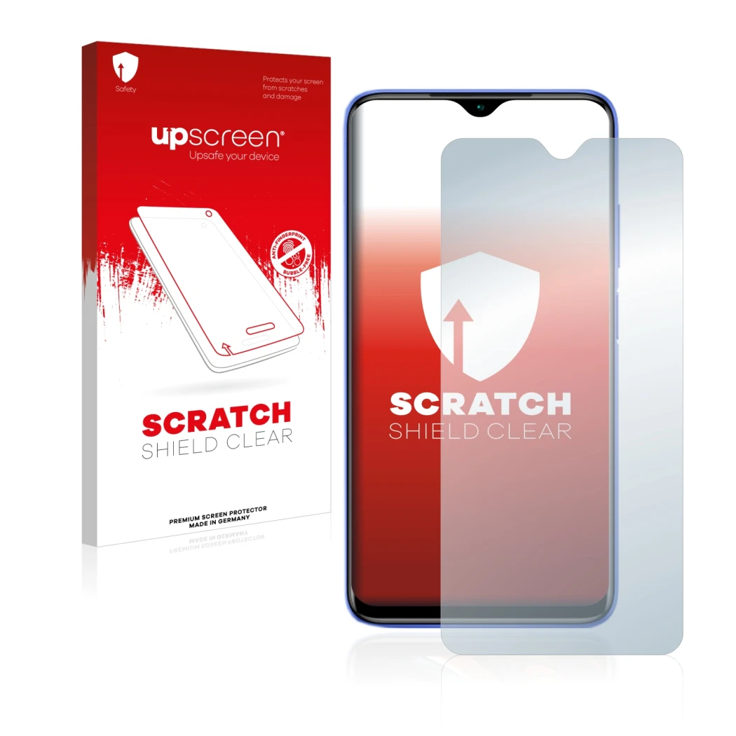 Parte frontale di una confezione del prodotto con il logo del marchio upscreen. Accanto è raffigurato il dispositivo Xiaomi Re