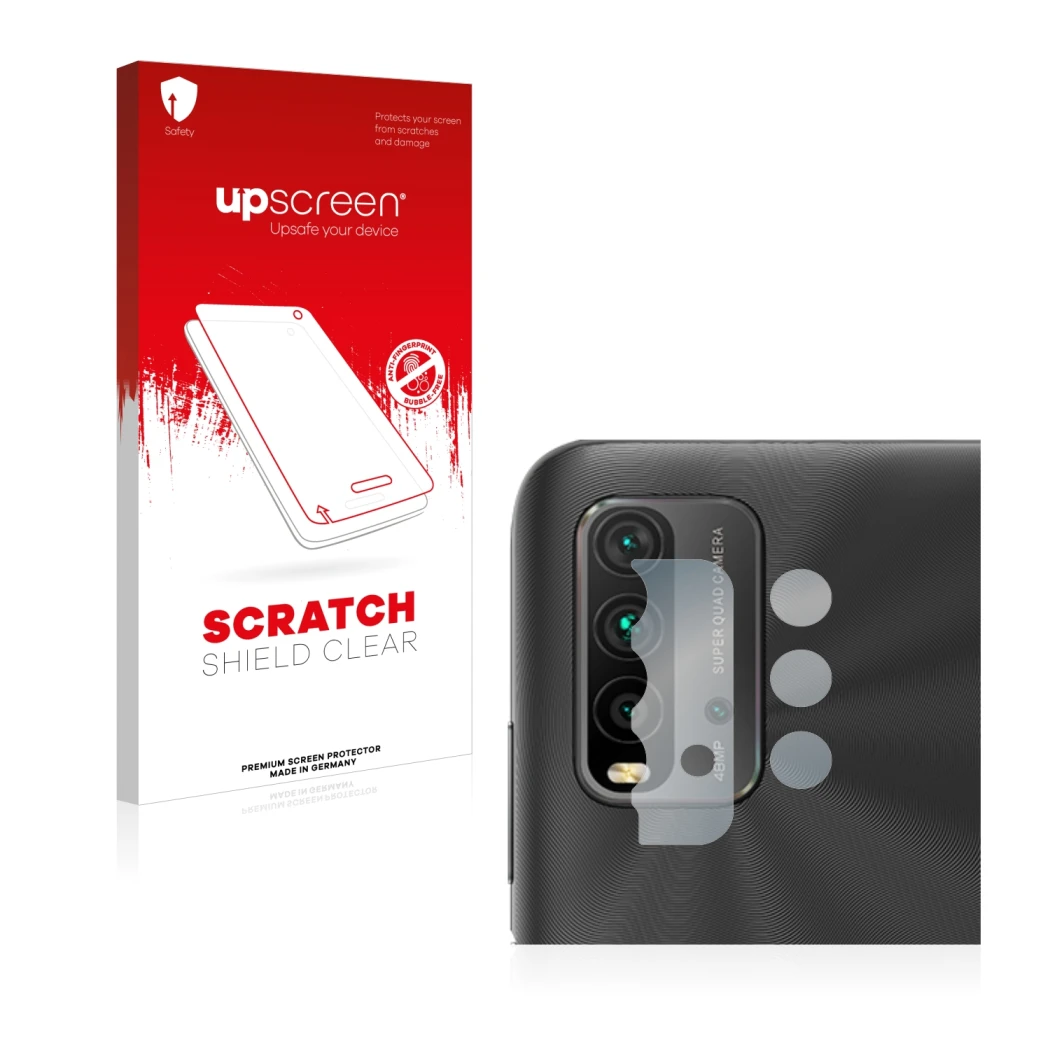 Parte frontale di una confezione del prodotto con il logo del marchio upscreen. Accanto è raffigurato il dispositivo Xiaomi Re