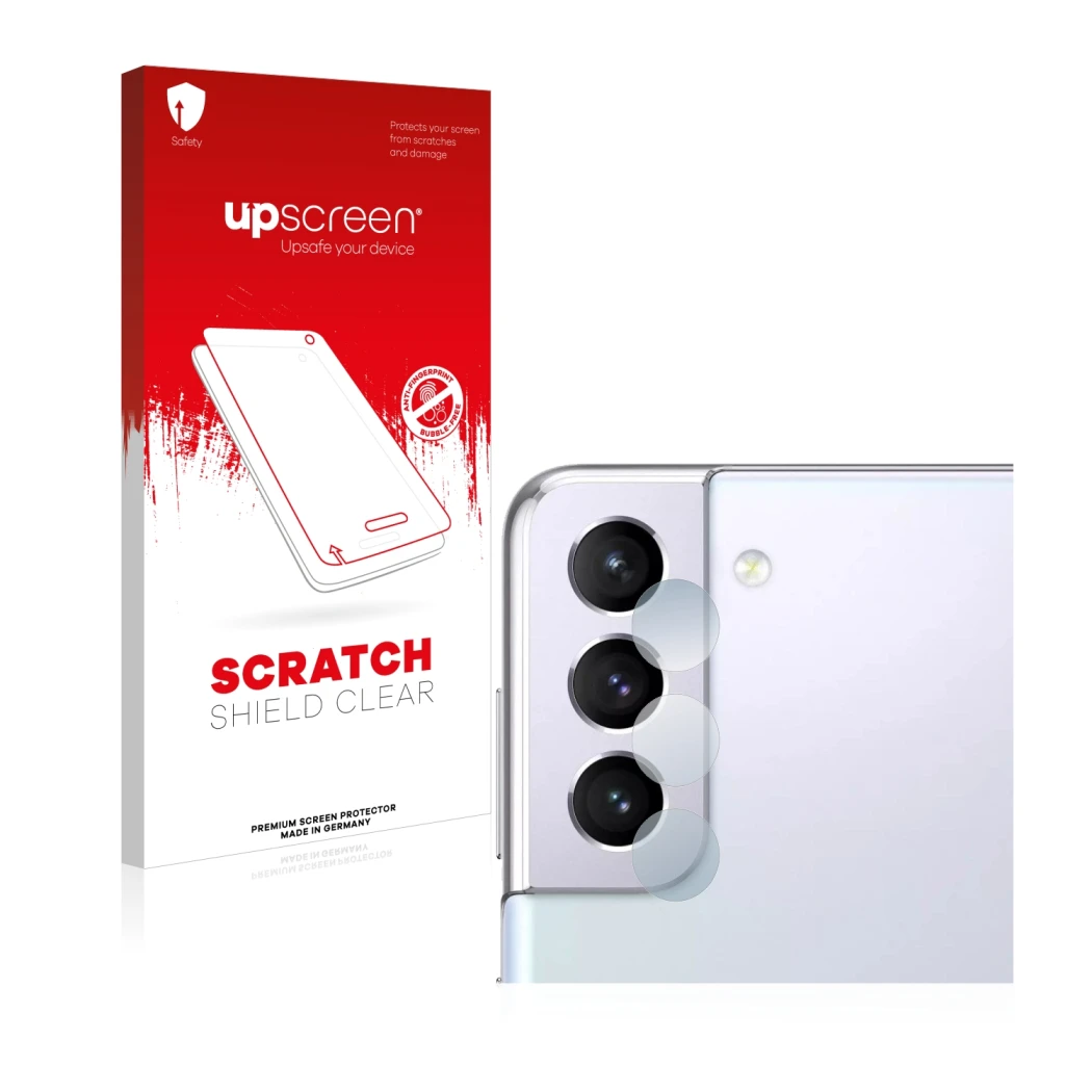 Parte frontale di una confezione del prodotto con il logo del marchio upscreen. Accanto è raffigurato il dispositivo Samsung G