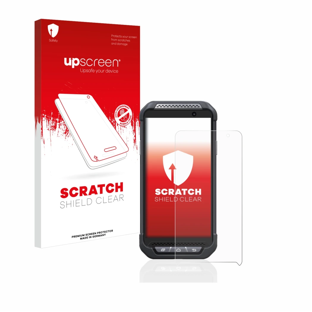 Parte frontale di una confezione del prodotto con il logo del marchio upscreen. Accanto è raffigurato il dispositivo Point Mob