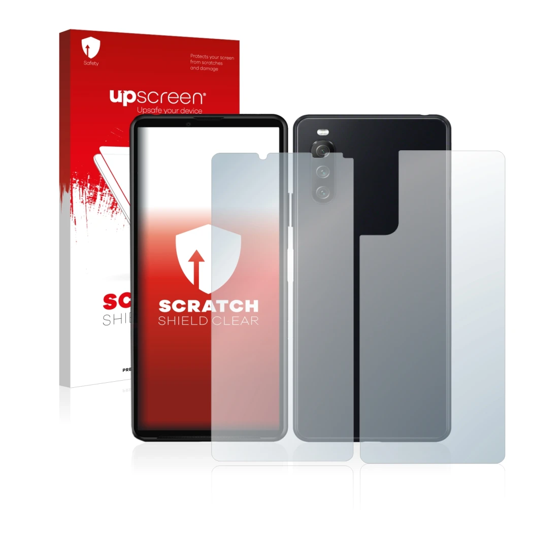 Parte frontale di una confezione del prodotto con il logo del marchio upscreen. Accanto è raffigurato il dispositivo Sony Xper