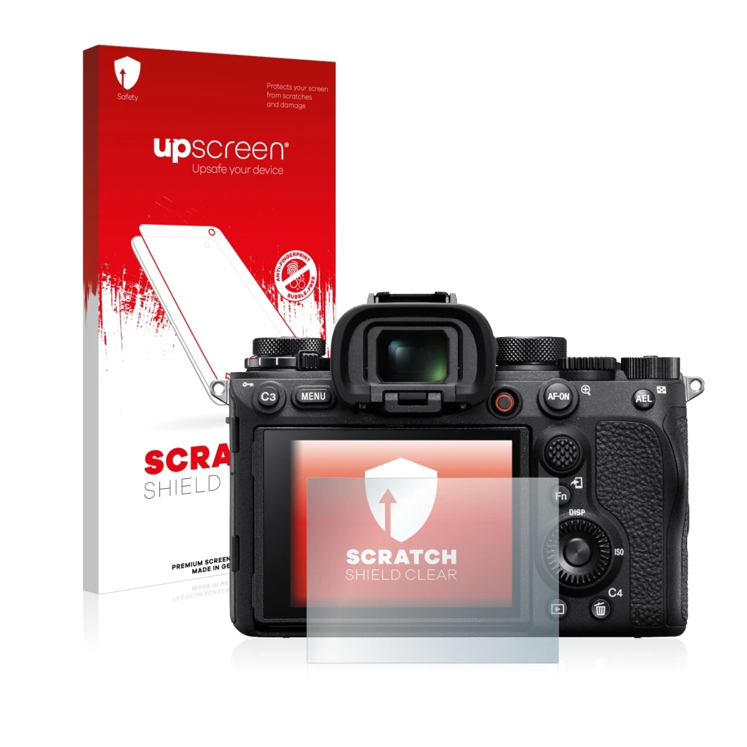 Parte frontale di una confezione del prodotto con il logo del marchio upscreen. Accanto è raffigurato il dispositivo Sony Alph