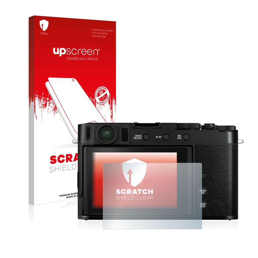 Parte frontale di una confezione del prodotto con il logo del marchio upscreen. Accanto è raffigurato il dispositivo Fujifilm