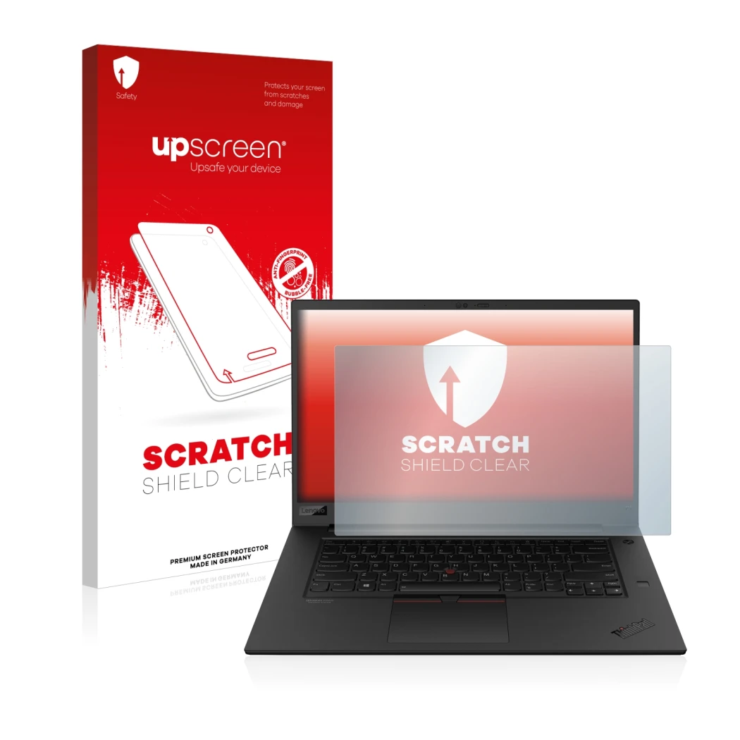 Parte frontale di una confezione del prodotto con il logo del marchio upscreen. Accanto è raffigurato il dispositivo Lenovo Th