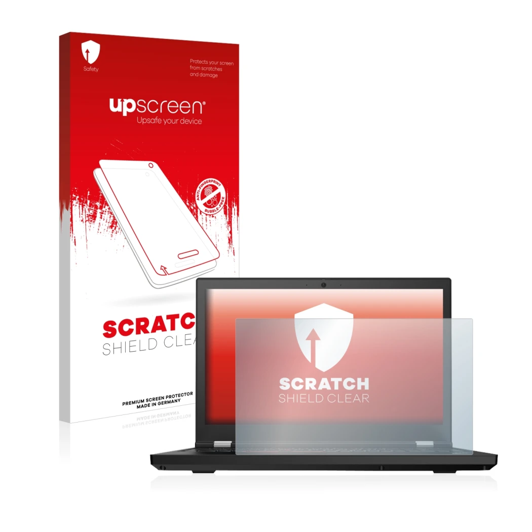 Parte frontale di una confezione del prodotto con il logo del marchio upscreen. Accanto è raffigurato il dispositivo Lenovo Th