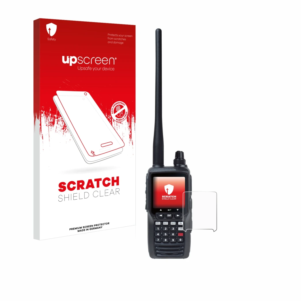 Parte frontale di una confezione del prodotto con il logo del marchio upscreen. Accanto è raffigurato il dispositivo Yaesu FTA
