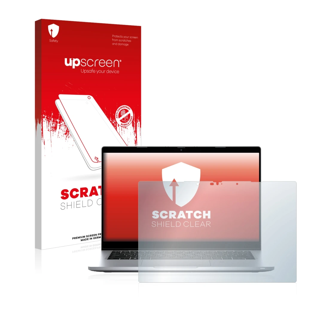 Parte frontale di una confezione del prodotto con il logo del marchio upscreen. Accanto è raffigurato il dispositivo Dell Lati