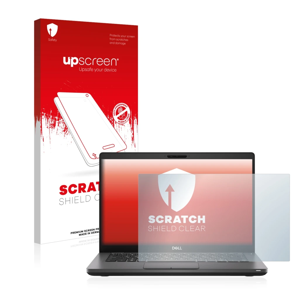 Parte frontale di una confezione del prodotto con il logo del marchio upscreen. Accanto è raffigurato il dispositivo Dell Lati