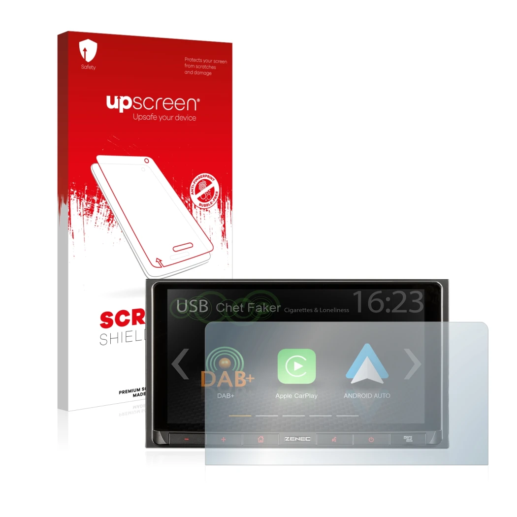 Parte frontale di una confezione del prodotto con il logo del marchio upscreen. Accanto è raffigurato il dispositivo Zenec Z-N