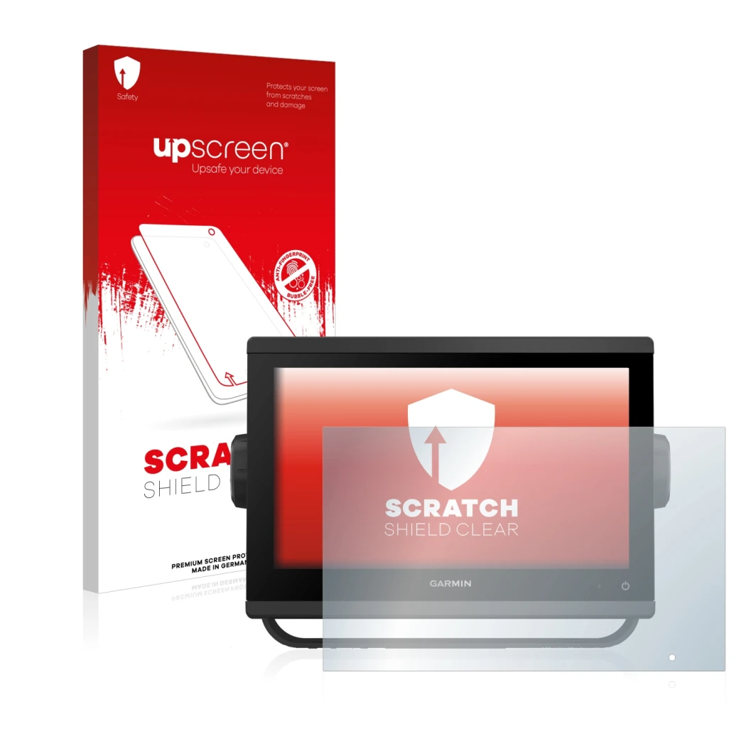 Parte frontale di una confezione del prodotto con il logo del marchio upscreen. Accanto è raffigurato il dispositivo Garmin GP