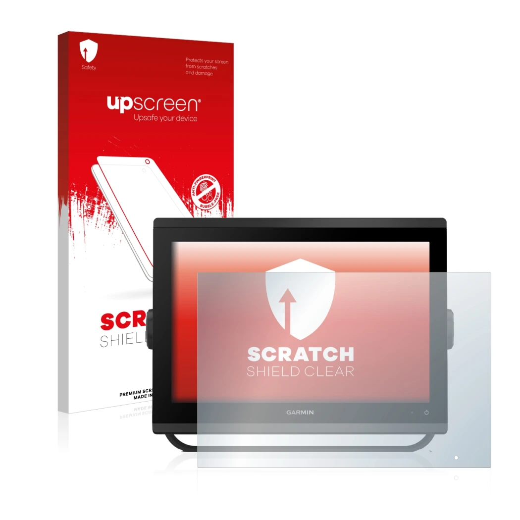 Parte frontale di una confezione del prodotto con il logo del marchio upscreen. Accanto è raffigurato il dispositivo Garmin GP