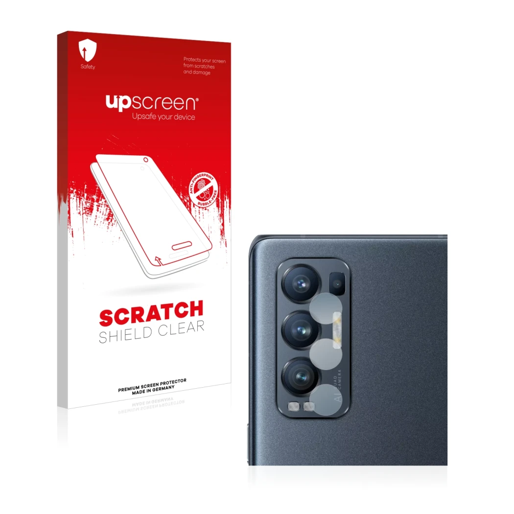 Parte frontale di una confezione del prodotto con il logo del marchio upscreen. Accanto è raffigurato il dispositivo Oppo Find