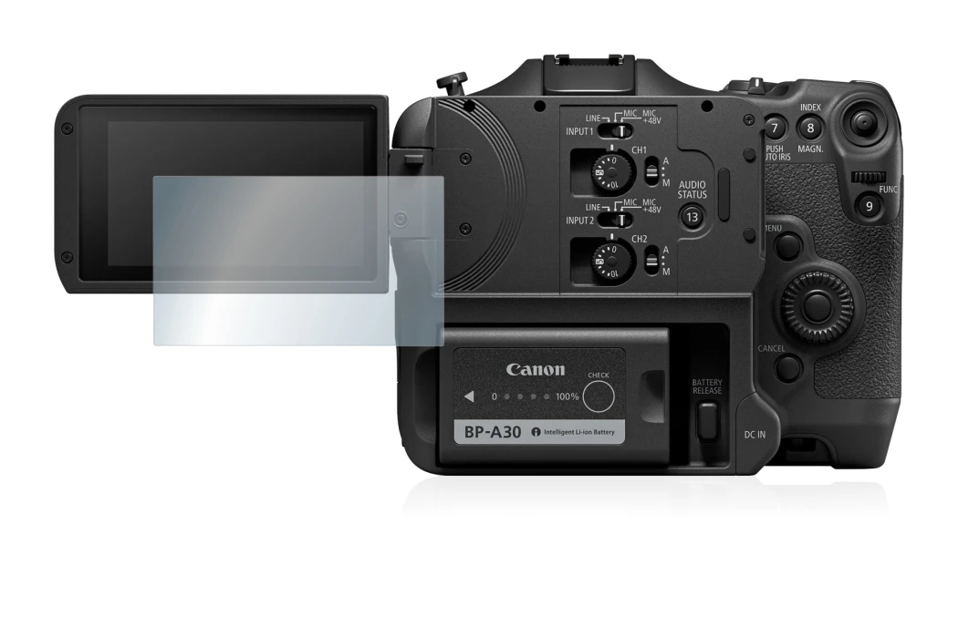 Immagine del dispositivo Canon EOS C70 con un'ampia varietà di protezioni per lo schermo.