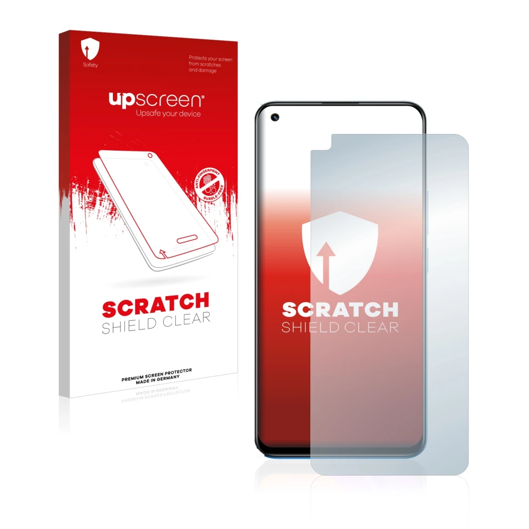 Parte frontale di una confezione del prodotto con il logo del marchio upscreen. Accanto è raffigurato il dispositivo realme 8 