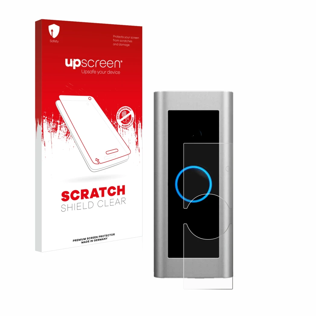 Parte frontale di una confezione del prodotto con il logo del marchio upscreen. Accanto è raffigurato il dispositivo Ring Vide