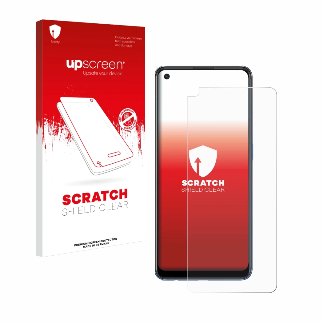 Parte frontale di una confezione del prodotto con il logo del marchio upscreen. Accanto è raffigurato il dispositivo Oppo A74
