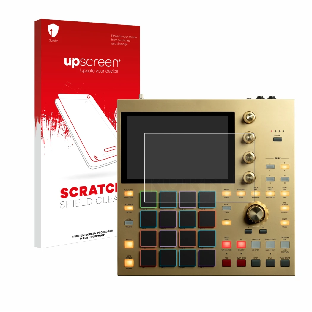 Parte frontale di una confezione del prodotto con il logo del marchio upscreen. Accanto è raffigurato il dispositivo Akai MPC